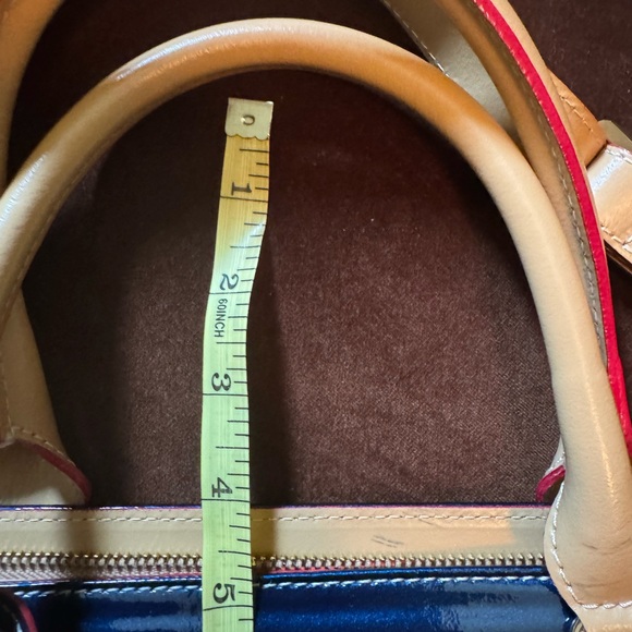 ARCADIA PATENT LEATHER LARGE SATCHEL HANDBAG PURSE - Navy/Tan Trim - Picture 10 of 16